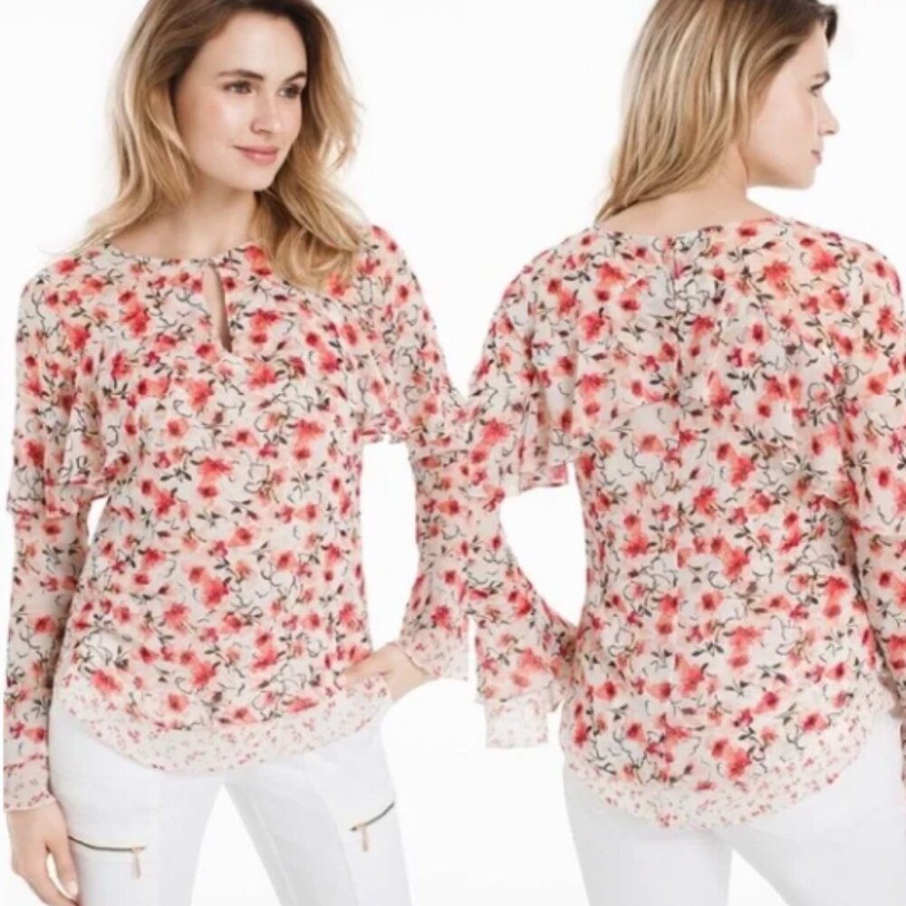 White House Black Market Calico Floral Ruffled Blouse, Sz 2